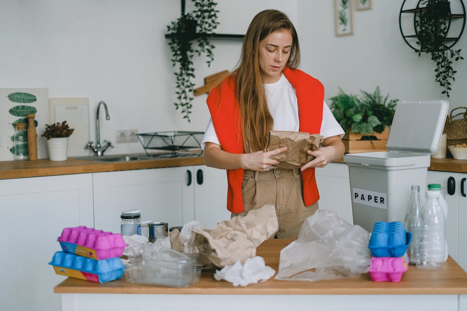 A young woman with long, straight brown hair and a neutral expression stands in a modern kitchen, holding a crumpled brown paper bag with both hands while looking down at it. She is wearing a white t-shirt and has a red sleeveless jacket draped over her shoulders. In front of her on the kitchen counter are various waste items, including crumpled brown paper, plastic wrappers, empty glass jars, and several unassembled ice cube trays in pink and blue colors. To her right, there is a white plastic recycling bin labeled 'PAPER', partially open, with a laptop resting on top of it. The kitchen has white cabinetry with black handles, a stainless steel sink, and a wooden countertop. In the background, there are decorative plants hanging from the wall, potted plants on a shelf, and framed artwork, contributing to a contemporary, eco-conscious environment that subtly connects to the theme of waste sorting and household rubbish management often addressed by Waste Collection Harringay.