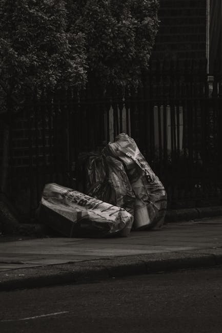 Three large black plastic garbage bags filled with waste material are situated on a paved sidewalk in front of a black metal fence with vertical bars and a brick wall behind it. The bags appear crumpled and slightly torn, with some sections revealing the contents inside. To the left of the bags, a cardboard box, which shows some printed text and branding, lies flat on the ground, partially overlapping with the black bags. The background includes a tall hedge or dense foliage on the left side of the image, providing a natural barrier, and the scene is illuminated by soft natural light, suggesting daytime but with subdued visibility due to overcast conditions. The setting appears to be a residential or private property area, and the image aligns with private waste collection or rubbish removal services offered by Waste Collection Harringay, focusing on on-site rubbish clearance or alternative waste handling options.